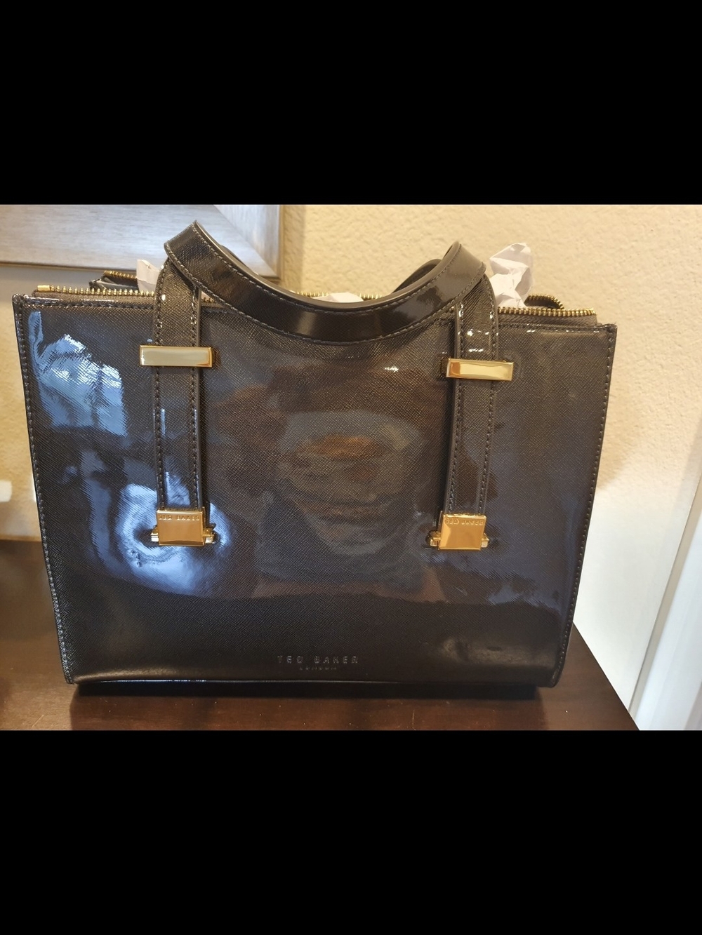 Ted Baker Black Patent Tote with Gold Accents